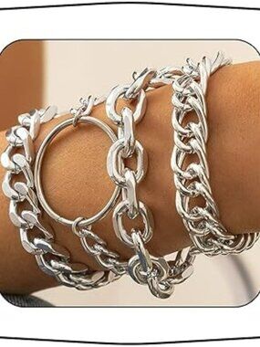 NEW Punk Cuban Link Chain Silver Bracelet set 4pcs Stacking Chunky Chain Bangles